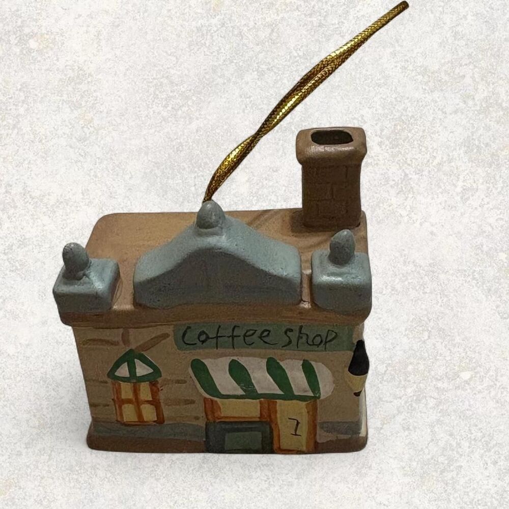 Retro Ceramic Coffee Shop Christmas Ornament Hand Painted Collectible